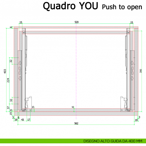 Guida Push to open Hettich Quadro V6 YOU M portata 30 kg disegno alto 400 mm