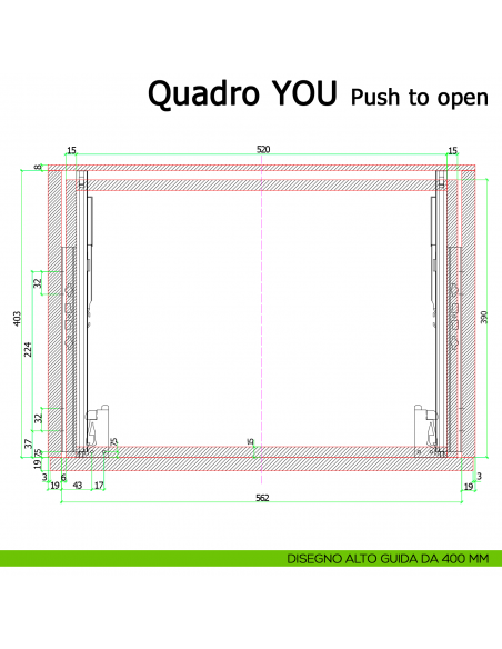 Guida Push to open Hettich Quadro V6 YOU M portata 30 kg disegno alto 400 mm