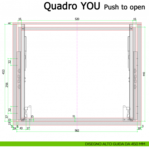 Guida Push to open Hettich Quadro V6 YOU M portata 30 kg disegno alto 450 mm