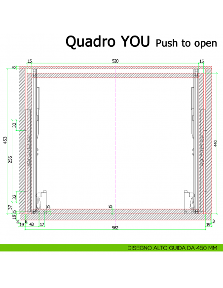 Guida Push to open Hettich Quadro V6 YOU M portata 30 kg disegno alto 450 mm