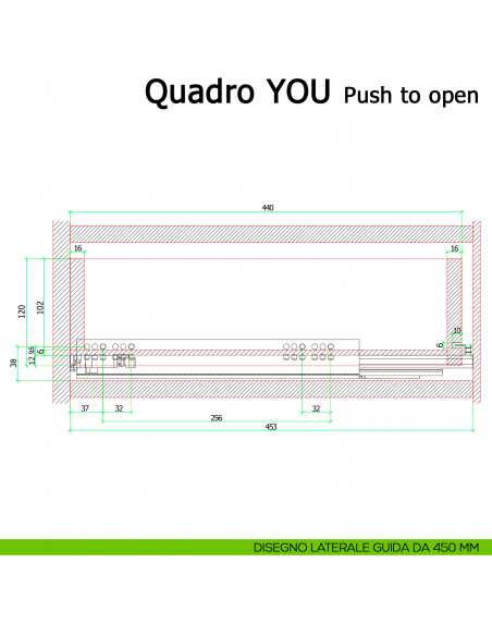 Guida Push to open Hettich Quadro V6 YOU M portata 30 kg disegno laterale 450 mm