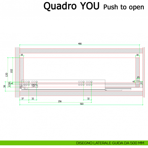 Guida Push to open Hettich Quadro V6 YOU M portata 30 kg disegno laterale 500 mm