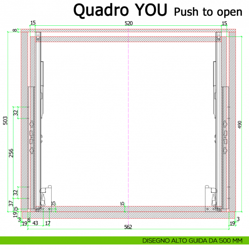 Guida Push to open Hettich Quadro V6 YOU M portata 30 kg disegno alto 500 mm
