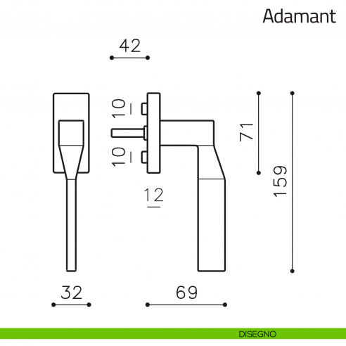 Maniglia per finestra martellina DK Adamant Olivari disegno