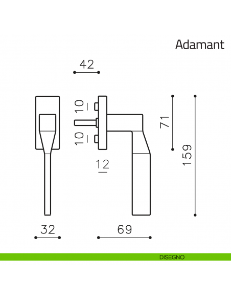 Maniglia per finestra martellina DK Adamant Olivari disegno