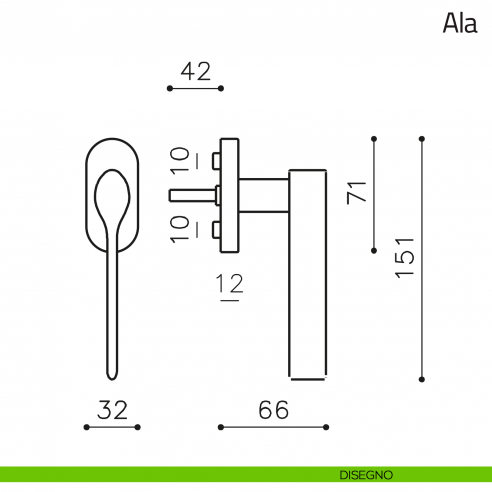 Maniglia per finestra martellina DK Ala Olivari disegno