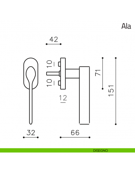 Maniglia per finestra martellina DK Ala Olivari disegno