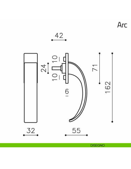 Maniglia per finestra martellina DK Arc Olivari bassa disegno