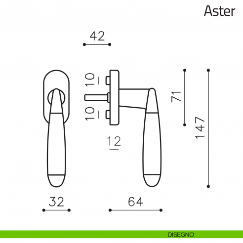 Maniglia per finestra martellina DK Aster Olivari disegno