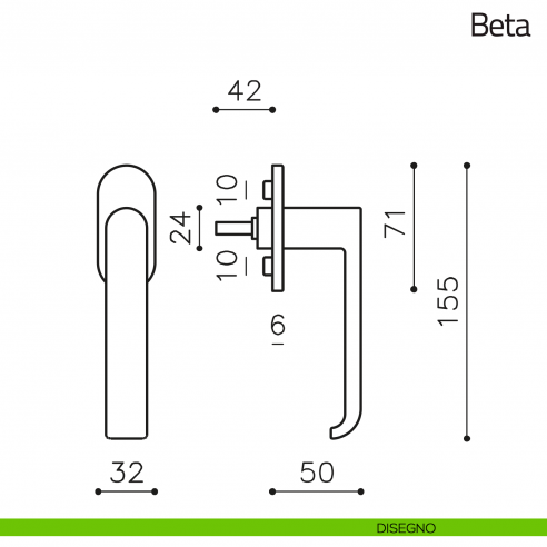 Maniglia per finestra martellina DK Beta Olivari disegno
