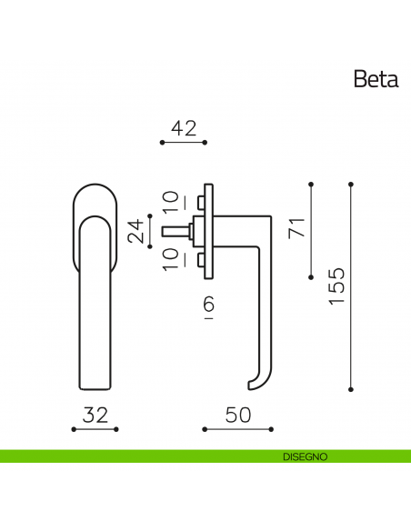 Maniglia per finestra martellina DK Beta Olivari disegno