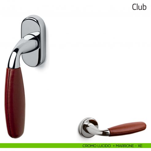 Maniglia per finestra martellina DK Club Olivari cromo lucido + pelle marrone
