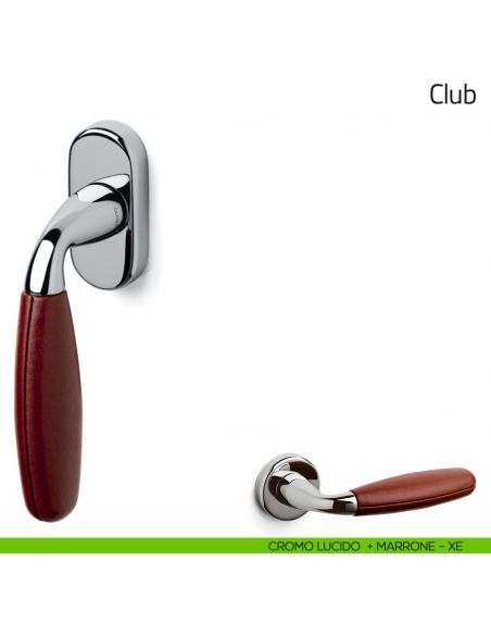 Maniglia per finestra martellina DK Club Olivari cromo lucido + pelle marrone