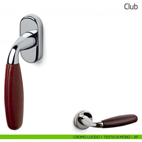 Maniglia per finestra martellina DK Club Olivari cromo lucido + pelle testa di moro