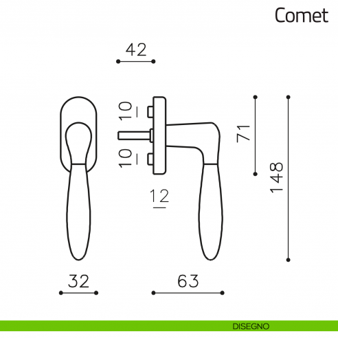 Maniglia per finestra martellina DK Comet Olivari disegno