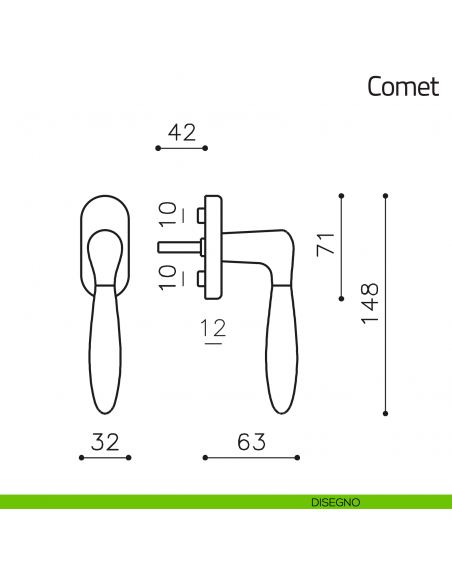 Maniglia per finestra martellina DK Comet Olivari disegno