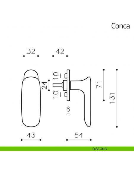 Maniglia per finestra martellina DK Conca Olivari bassa disegno