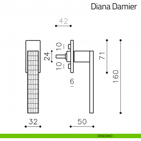 Maniglia per finestra martellina DK Diana Damier Olivari bassa disegno