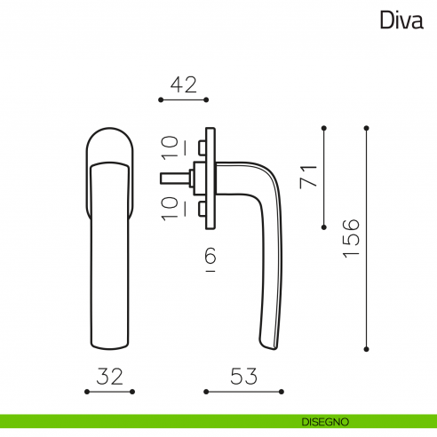 Maniglia per finestra martellina DK Diva Olivari disegno