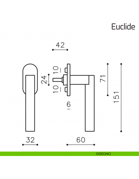 Maniglia per finestra martellina DK Euclide Olivari bassa disegno