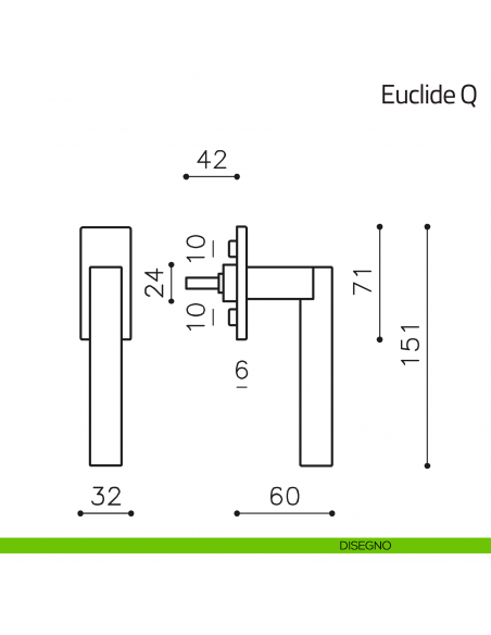 Maniglia per finestra martellina DK Euclide Q Olivari bassa disegno