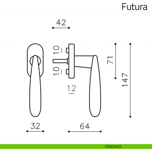 Maniglia per finestra martellina DK Futura Olivari disegno