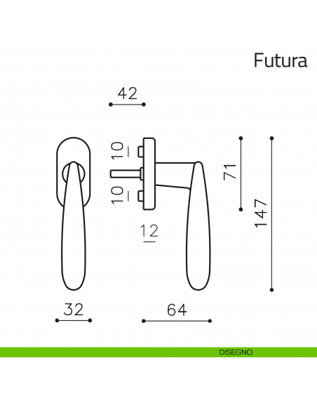 Maniglia per finestra martellina DK Futura Olivari disegno