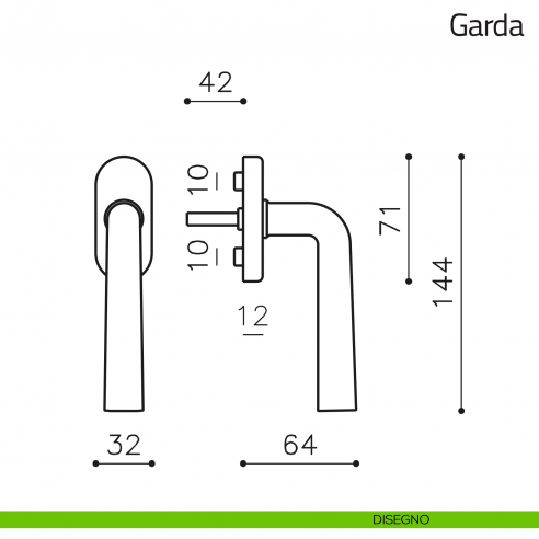 Maniglia per finestra martellina DK Garda disegno