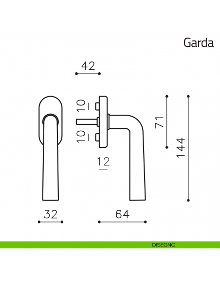 Maniglia per finestra martellina DK Garda disegno