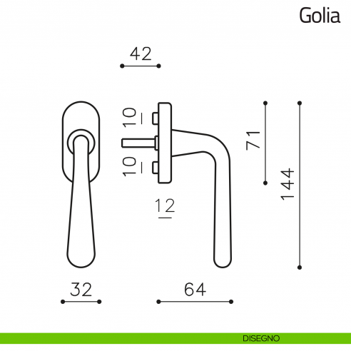 Maniglia per finestra martellina DK Golia Olivari disegno