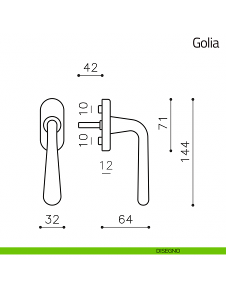 Maniglia per finestra martellina DK Golia Olivari disegno