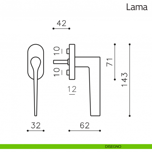 Maniglia per finestra martellina DK Lama Olivari disegno