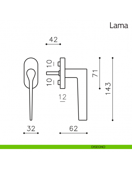 Maniglia per finestra martellina DK Lama Olivari disegno