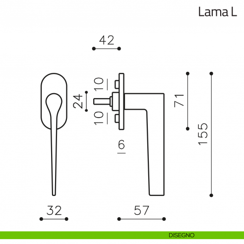 Maniglia per finestra martellina DK Lama L Olivari bassa disegno