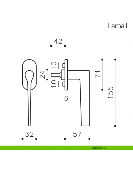 Maniglia per finestra martellina DK Lama L Olivari bassa disegno