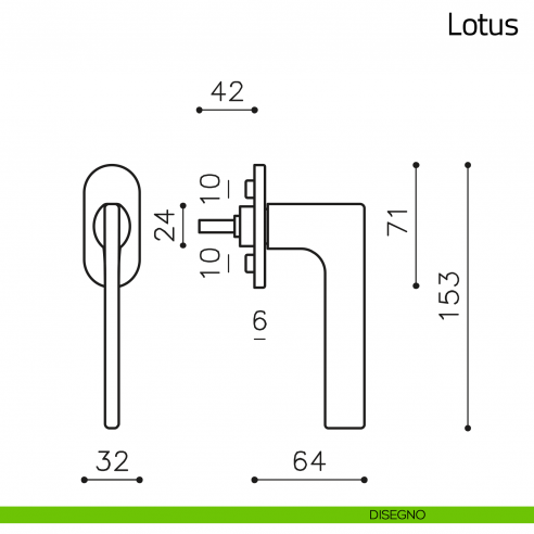 Maniglia per finestra martellina DK Lotus Olivari bassa disegno