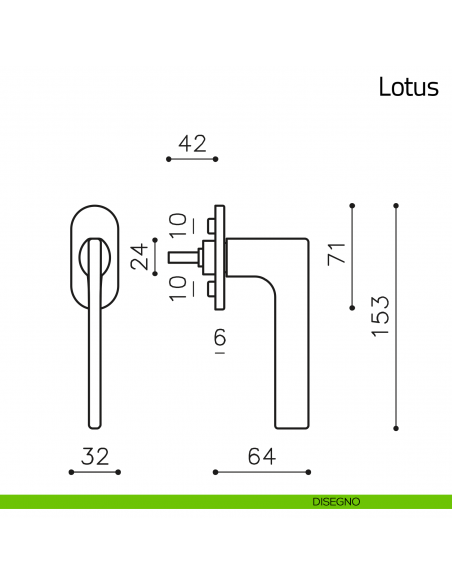 Maniglia per finestra martellina DK Lotus Olivari bassa disegno