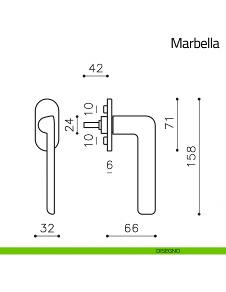 Maniglia per finestra martellina DK Marbella Olivari bassa disegno