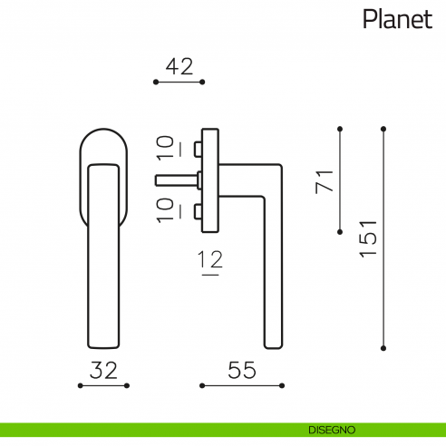 Maniglia per finestra martellina DK Planet Olivari disegno