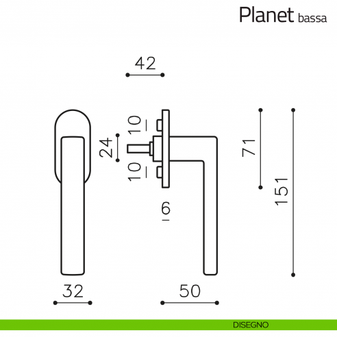 Maniglia per finestra martellina DK Planet Olivari bassa disegno