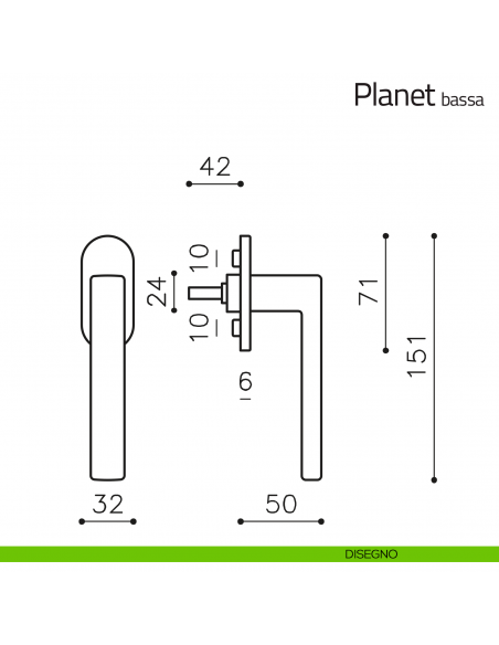 Maniglia per finestra martellina DK Planet Olivari bassa disegno