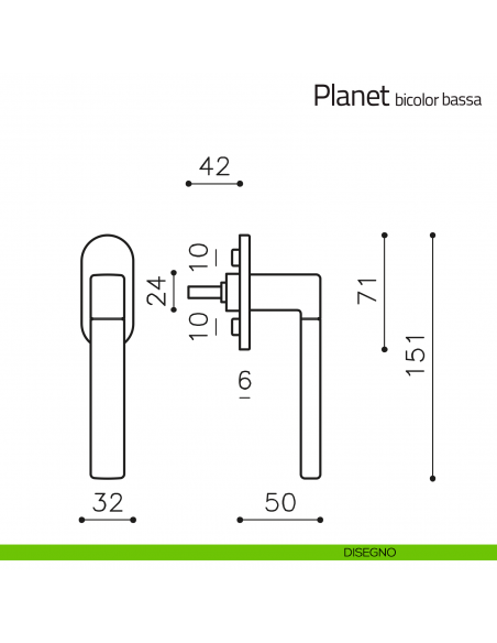 Maniglia per finestra martellina DK Planet bicolor Olivari bassa disegno