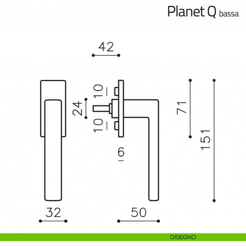Maniglia per finestra martellina DK Planet Q Olivari bassa disegno