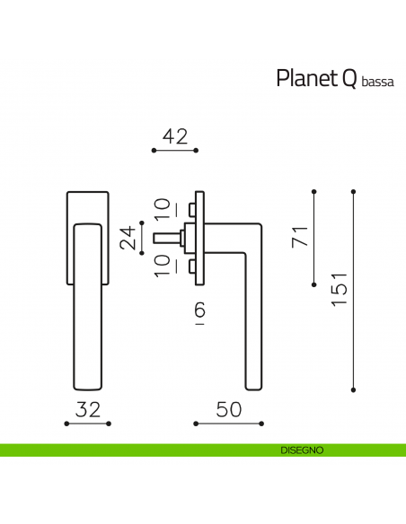 Maniglia per finestra martellina DK Planet Q Olivari bassa disegno