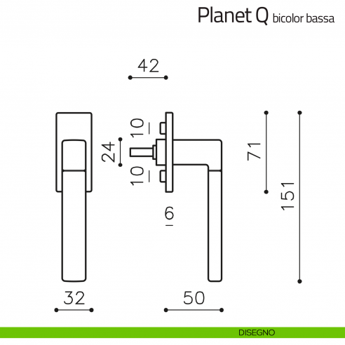 Maniglia per finestra martellina DK Planet Q bicolor Olivari bassa disegno