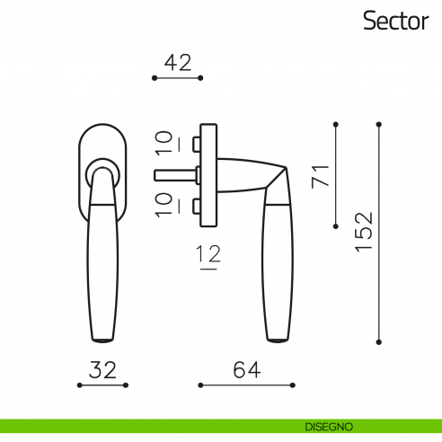 Maniglia per finestra martellina DK Sector Olivari disegno