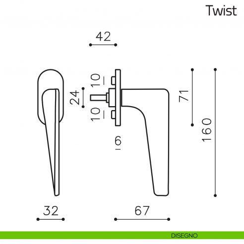 Maniglia per finestra martellina DK Twist Olivari disegno