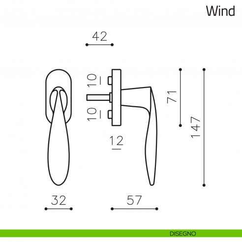 Maniglia per finestra martellina DK Wind Olivari disegno