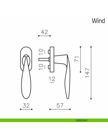Maniglia per finestra martellina DK Wind Olivari disegno