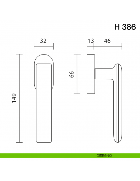 Maniglia per finestra martellina DK H 386 Valli collezione Fusital disegno